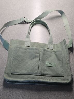 Sage Green Canvas Laptop Tote with Adjustable Strap
